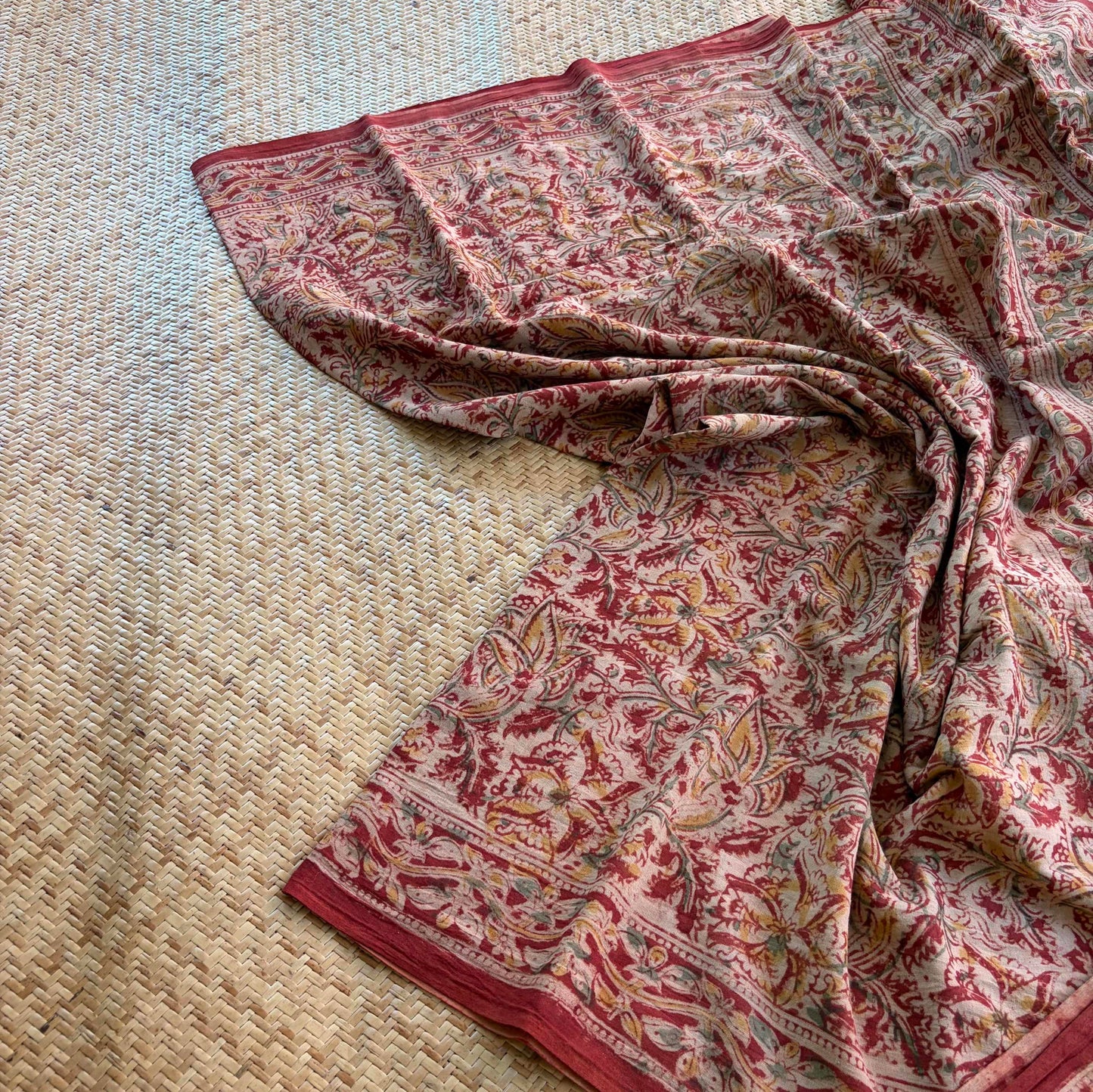 Red, Kalamkari Hand Block Printed Natural dye, Mul cotton saree