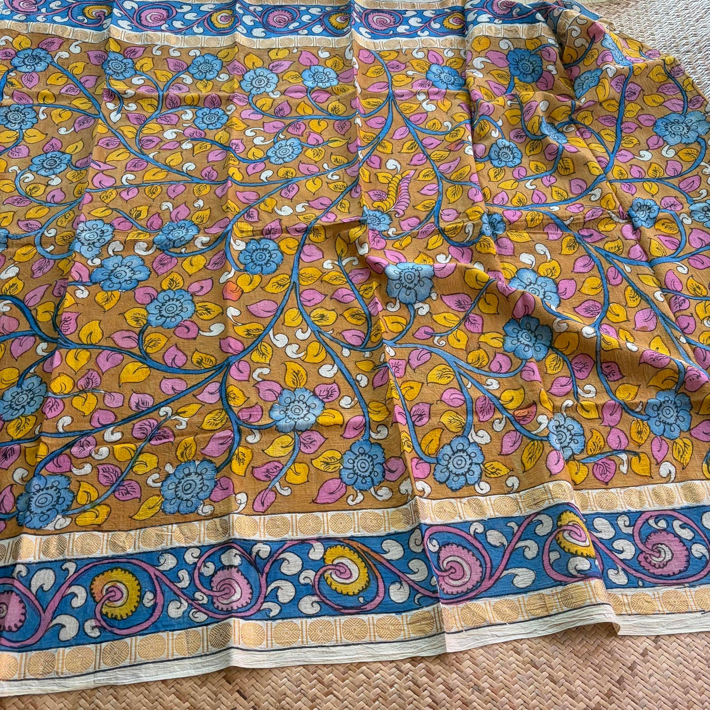 Mustard Floral, Kalamkari Hand Painted on a Madurai Sungudi Cotton 1.20 METER FABRIC
