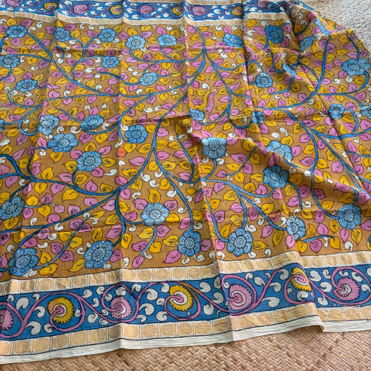 Mustard Floral, Kalamkari Hand Painted on a Madurai Sungudi Cotton 1.20 METER FABRIC