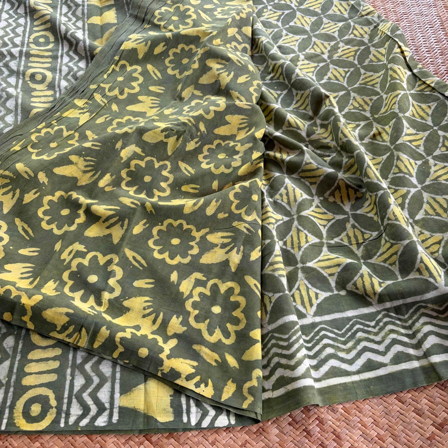 Mul Mul Cotton saree, Hand Block Printed, Green