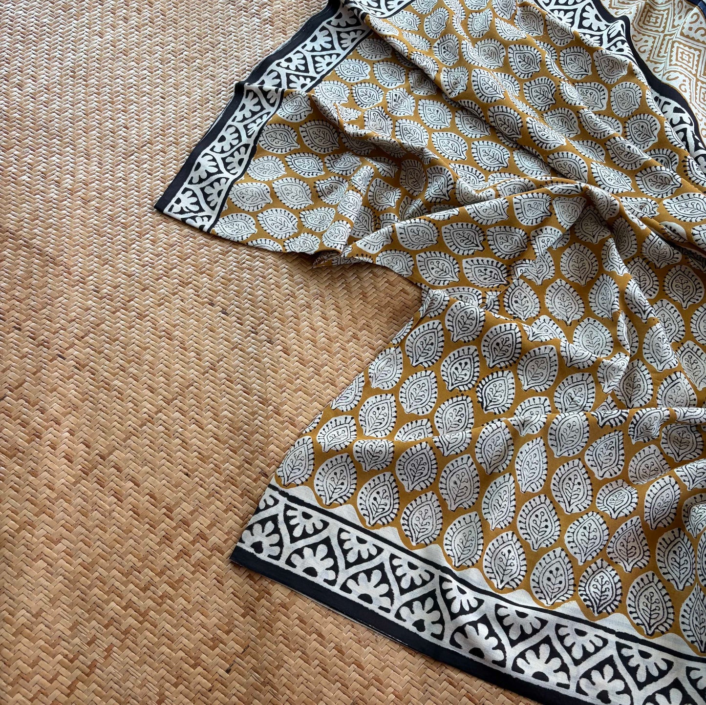 Mul Mul Cotton saree, Hand Block Printed, Mustard
