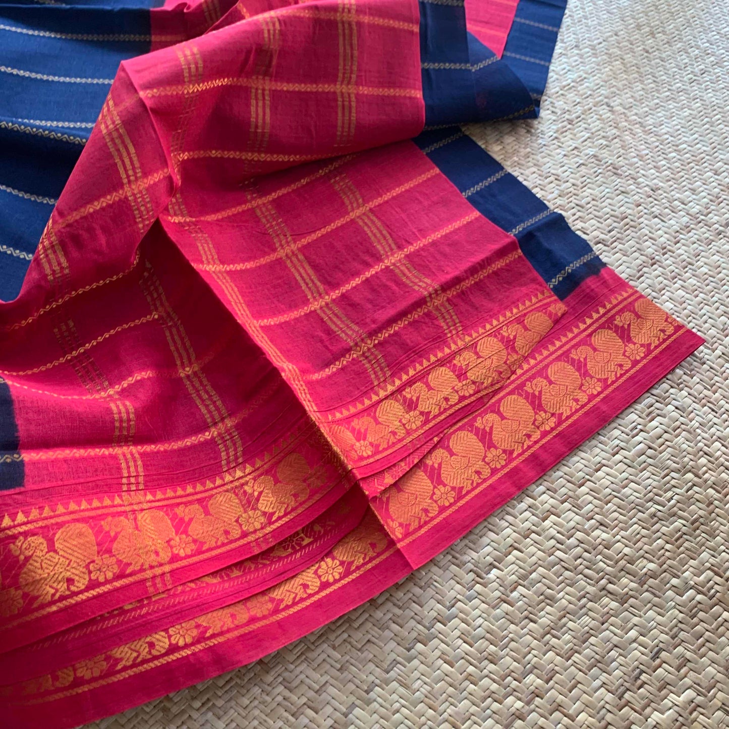 Navy Saree With Pink Border, Zari Velthari Madurai Sungadi Saree