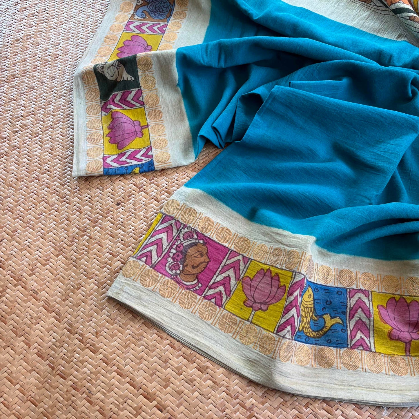 Aqua - Kalamkari Hand Painted on a Madurai Sungudi Cotton saree. With Blouse