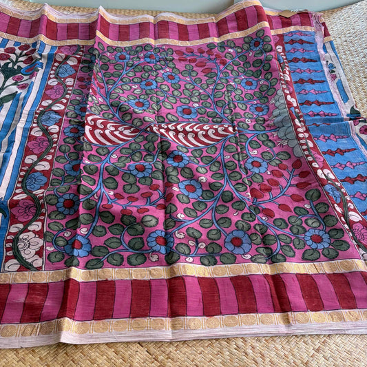 Cream, Kalamkari Hand Painted on Cotton Sungudi Saree With Blouse