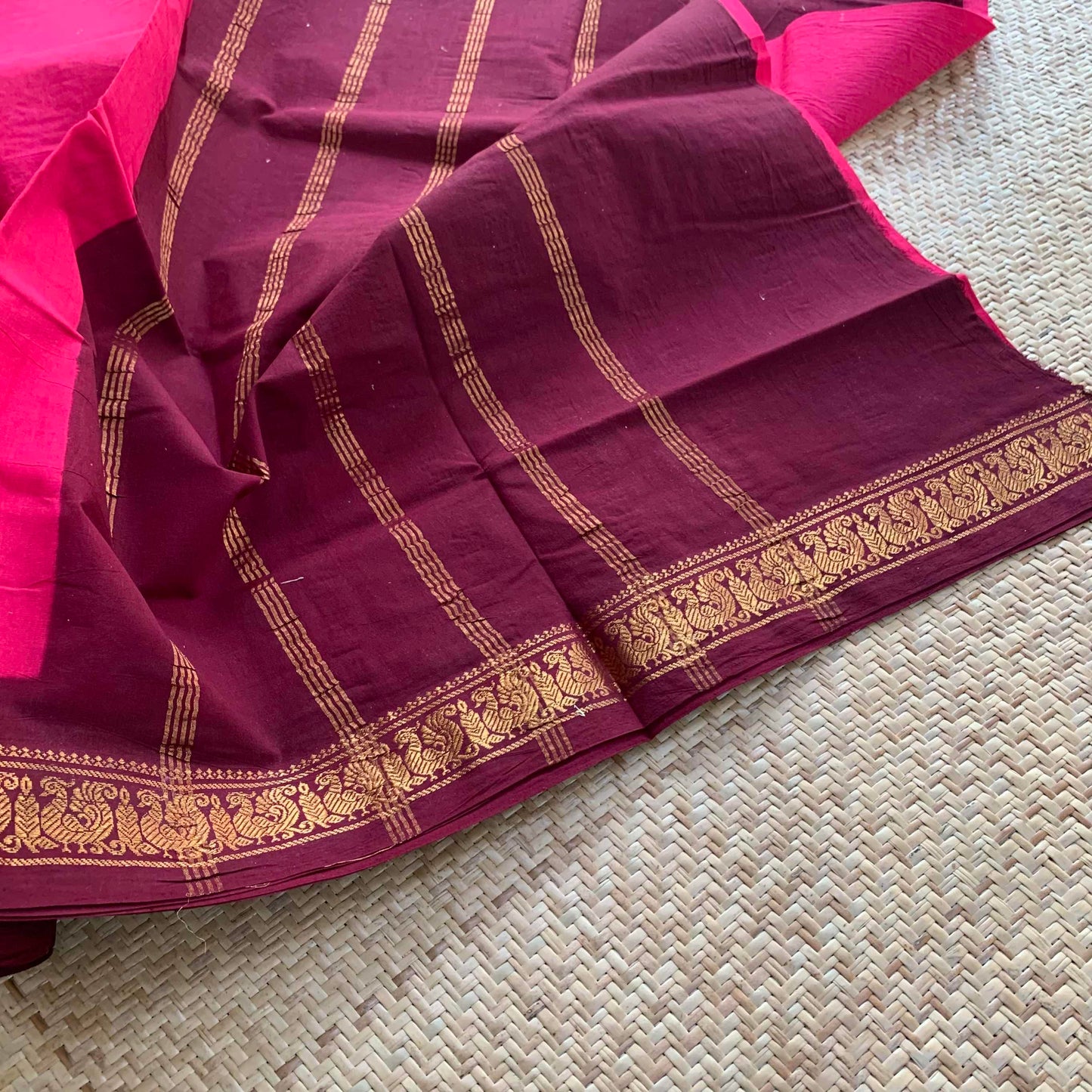 Pink Saree With Maroon Half Fine Zari Border, Clamp dyed (Kattu sayam).