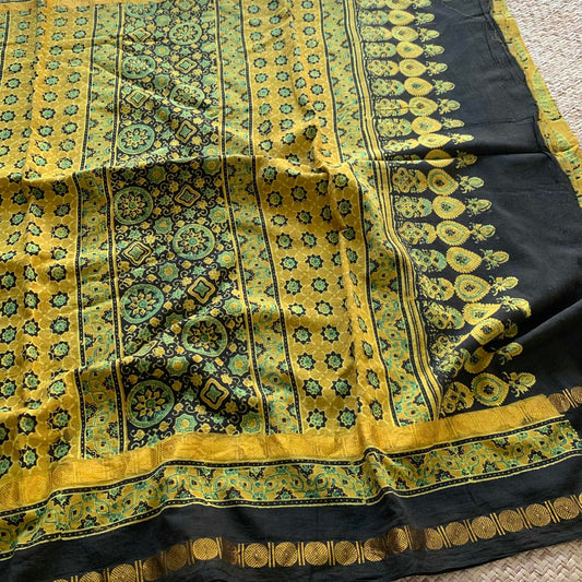 Pine cone- Mustard , Ajrak Hand Block Printed On Madurai Cotton Saree With Zari