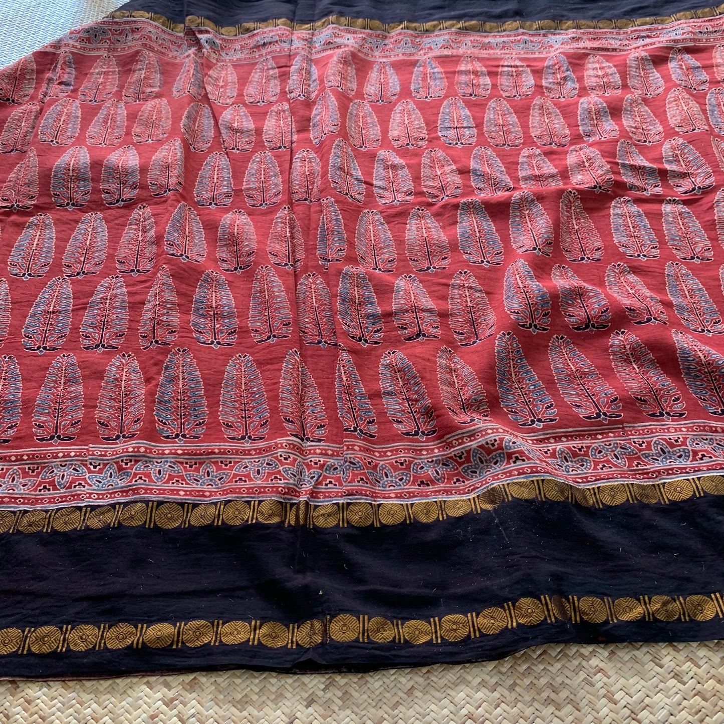 Pinecone-Manjistha, Ajrak Hand Block Printed On Madurai Cotton Saree With Zari