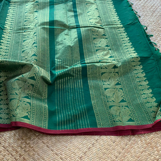 Chettinad Cotton Saree, Green Saree with Grand Pallu and Mayil Chakkaram Butta