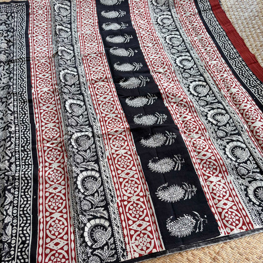 Mul Mul Cotton saree, Hand Block Printed, Black