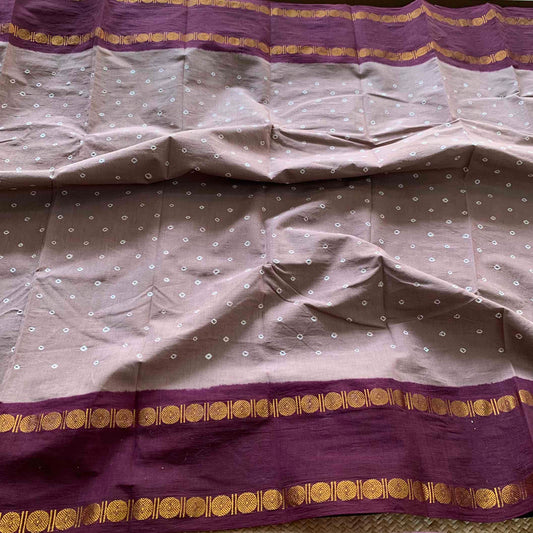 Mauve Grey Saree With Burgundy Border, Hand knotted Sungudi On a Rudraksham Border Cotton saree, Kaikattu Sungadi