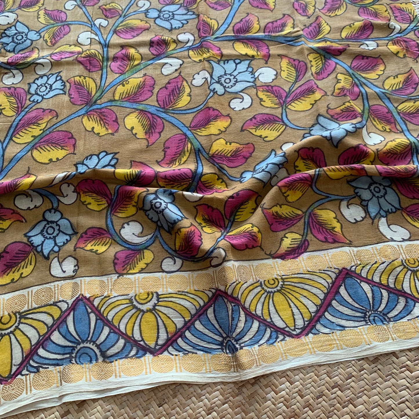 Mustard Floral, Kalamkari Hand Painted on a Madurai Sungudi Cotton CUT FABRIC