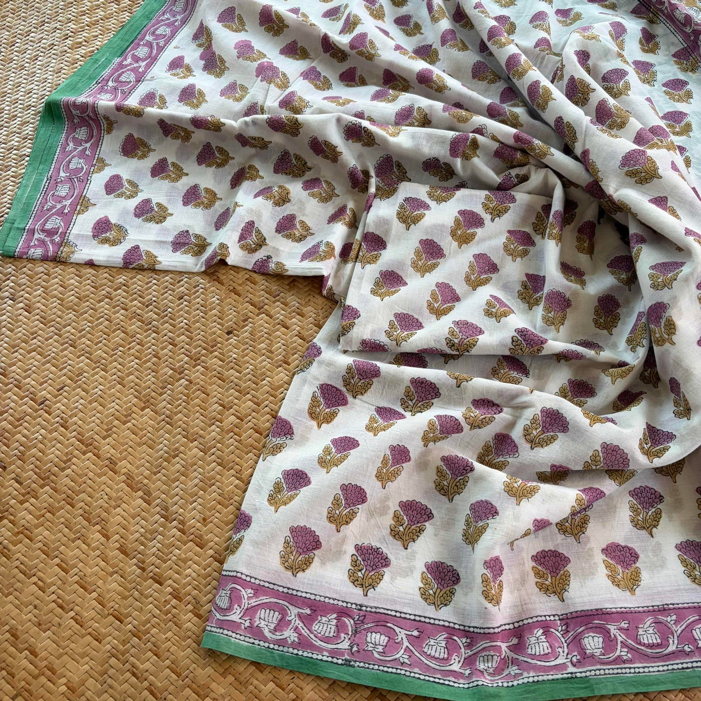 Mul Mul Cotton saree, Hand Block Printed, White
