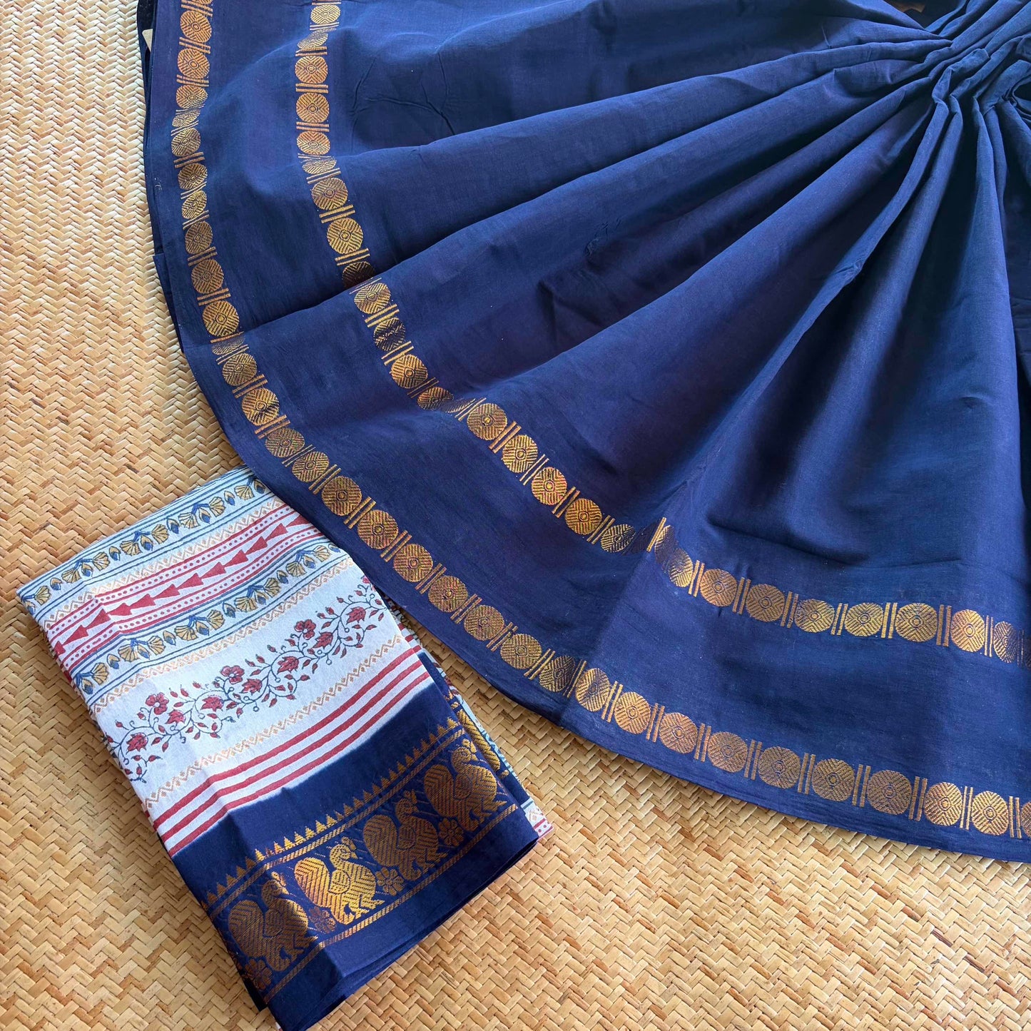 Navy Saree With Hand Block Printed Blouse , Zari Rudraksham Rettai Pettu Border , Clamp dyed (Kattu sayam)