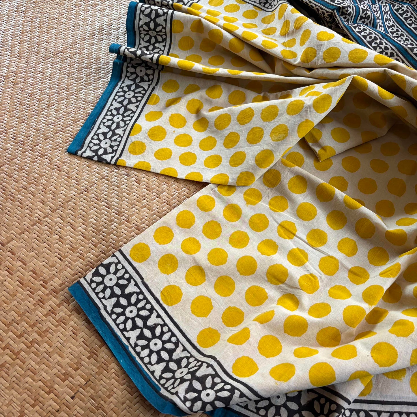 Mul Mul Cotton saree, Hand Block Printed, Yellow