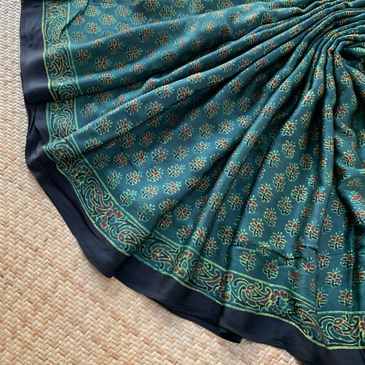 Green, Ajrak Hand Block Printed On Modal Silk