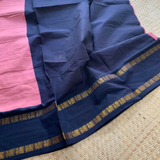 Dusty Pink Saree With Navy Border, Zari Annam Rettai Pettu Border , Clamp dyed (Kattu sayam).