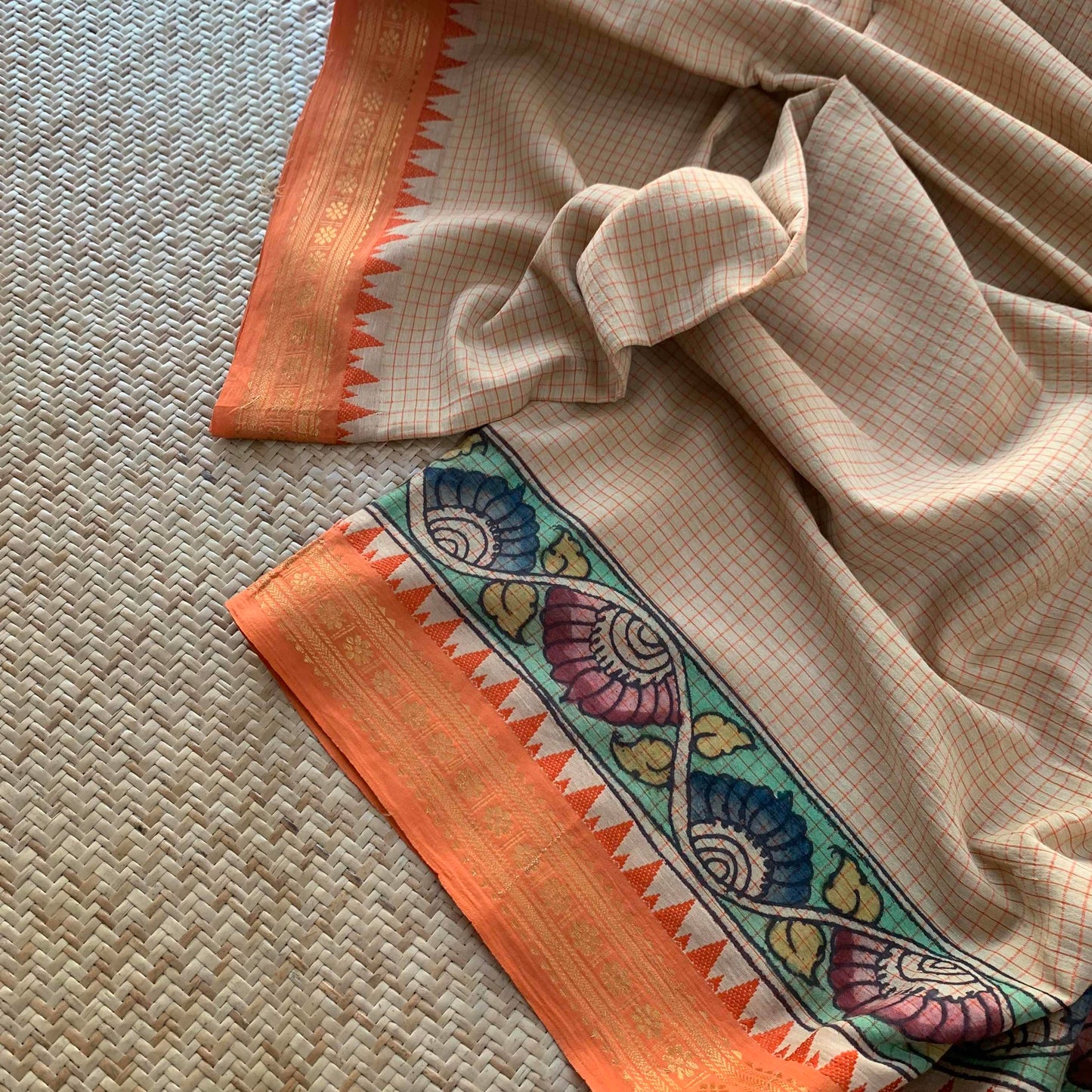 Sandal Kalamkari Hand Painted on Chettinad Cotton saree. With blouse