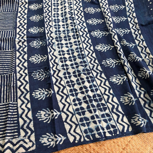 Mul Mul Cotton saree, Hand Block Printed, Indigo