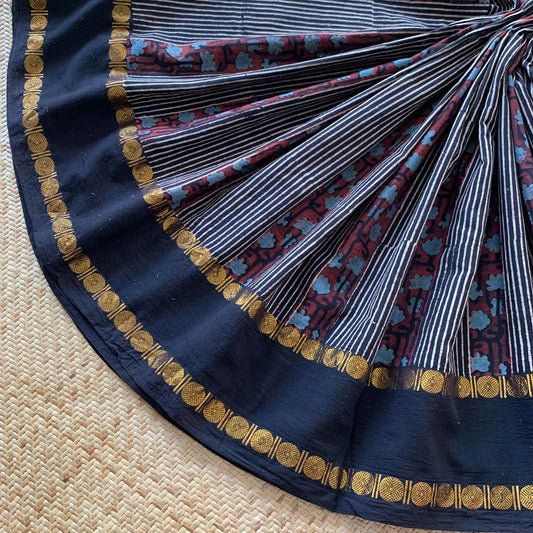 Black strips , Ajrak Hand Block Printed On Madurai Cotton Saree With Zari