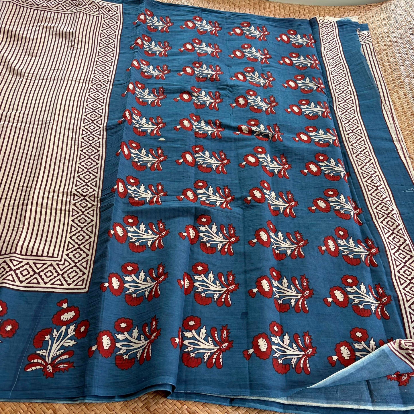 Mul Mul Cotton saree, Hand Block Printed, Blue