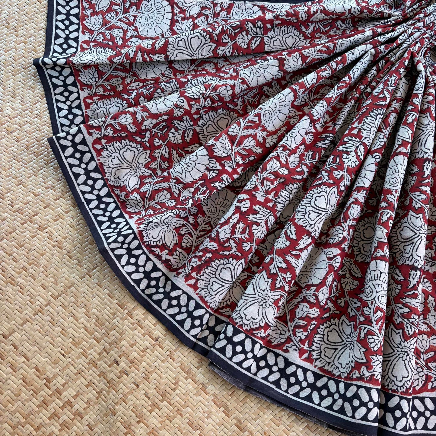 Mul Mul Cotton saree, Hand Block Printed, Maroon