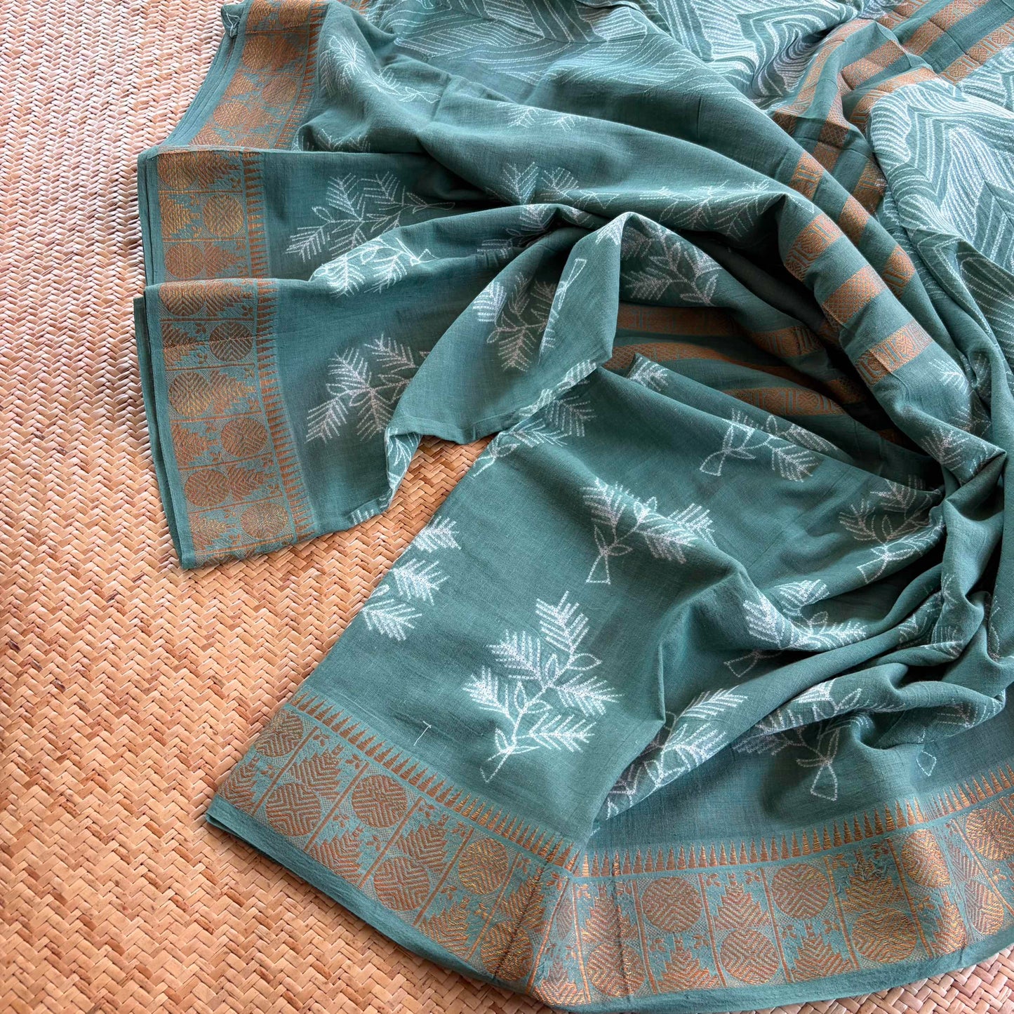 Pastel Sage Green, Hand Crafted Nui Shibori Sungudi Cotton Saree