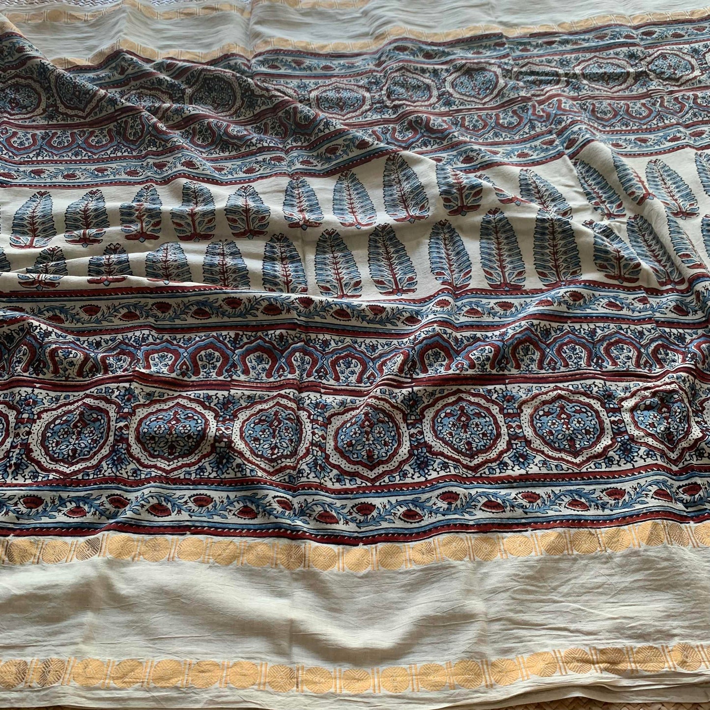 Pinecone-Cream , Ajrak Hand Block Printed On Madurai Cotton Saree With Zari