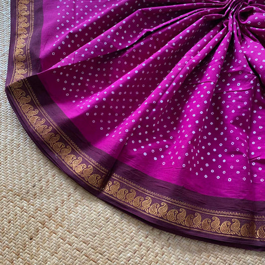 Purple With Brown Wax Print, Half Fine Zari Premium Sungudi Cotton Sarees