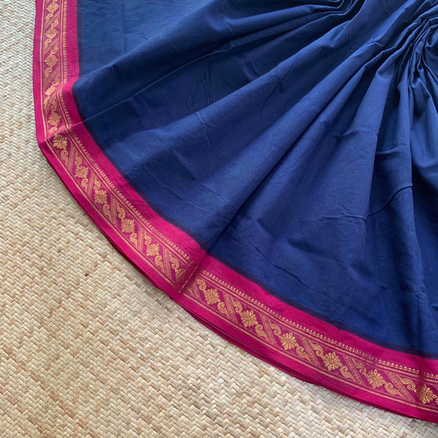 Navy Blue Saree With Pink Half Fine Zari Border, Clamp dyed (Kattu sayam).