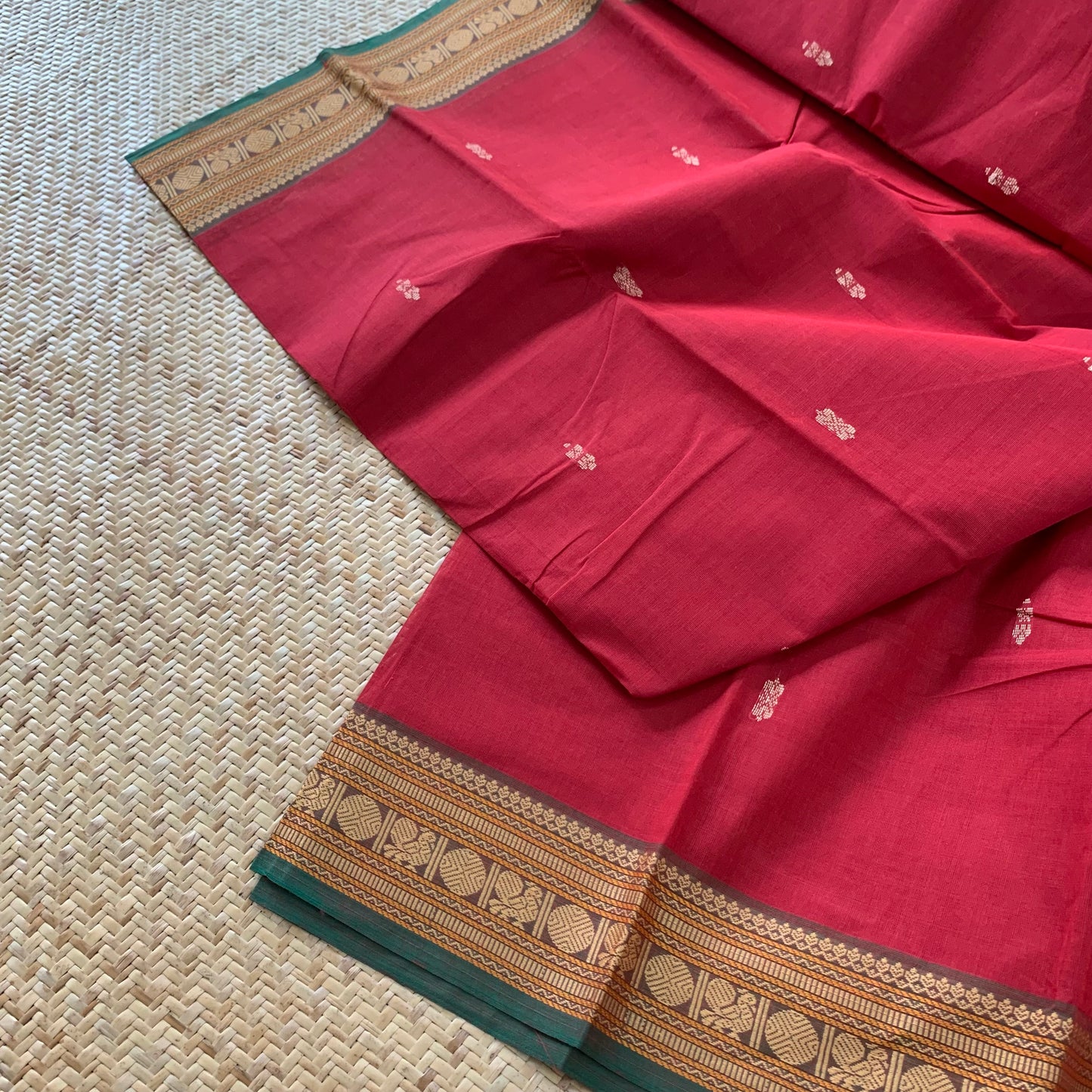 Red with Green Thread Border, Chettinadu Cotton Saree