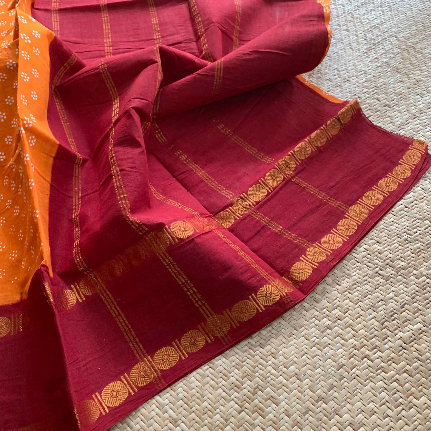 Orange With White Wax Print, Rettai Pettu Sungudi Cotton Sarees