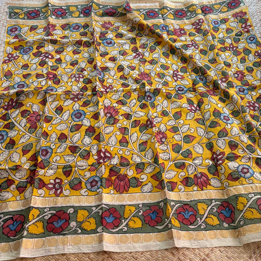 Yellow Floral, Kalamkari Hand Painted on a Madurai Sungudi Cotton 1.20 METER FABRIC