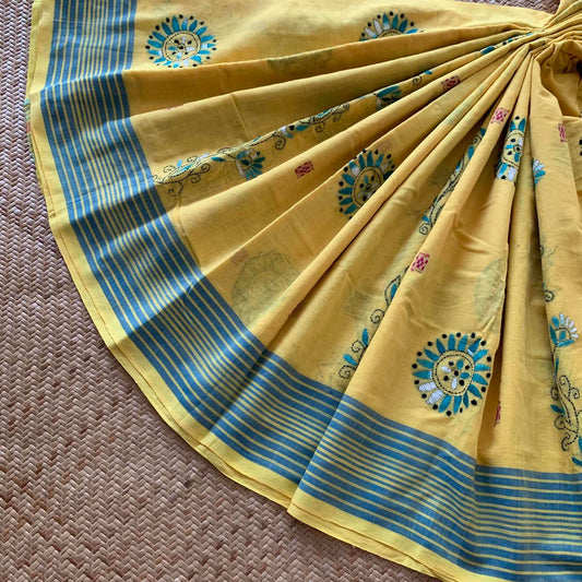 Arupukottai Hand woven Saree with multi colour thread Kantha embroidery
