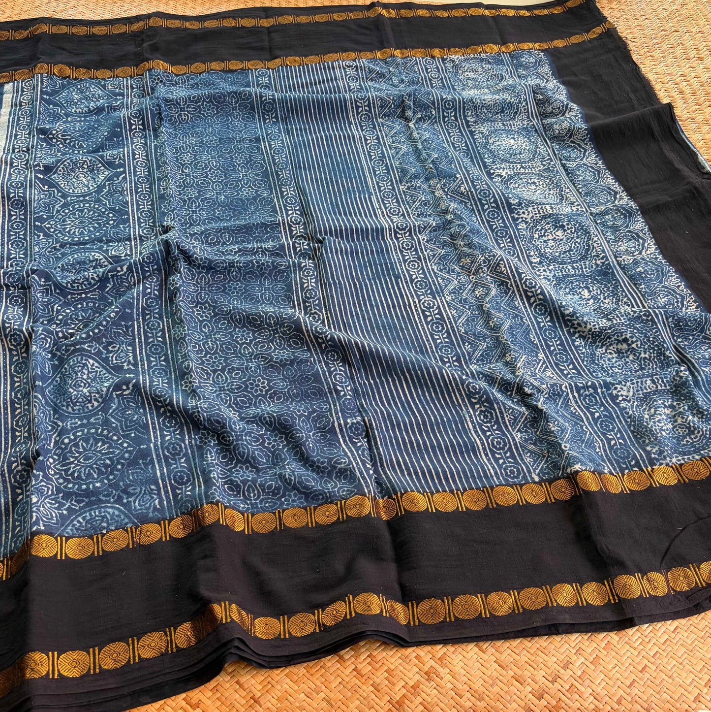 Strips Indigo, Ajrak Hand Block Printed On Madurai Cotton Saree With Zari