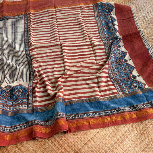Off White Stripes, Ajrak Hand Block Printed On Madurai Cotton Saree With Zari