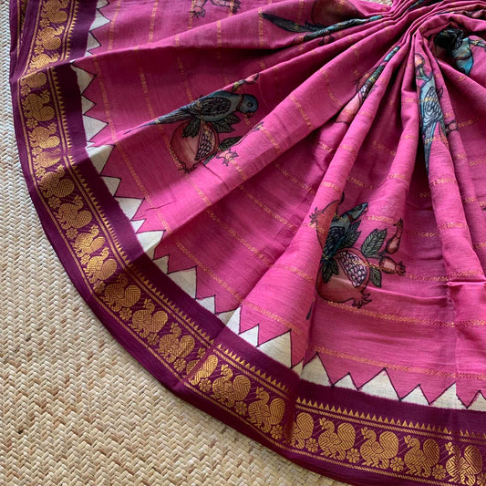 Parrot- Pomegranate Kalamkari Hand Painted on a Madurai Velthari Sungudi Cotton saree.
