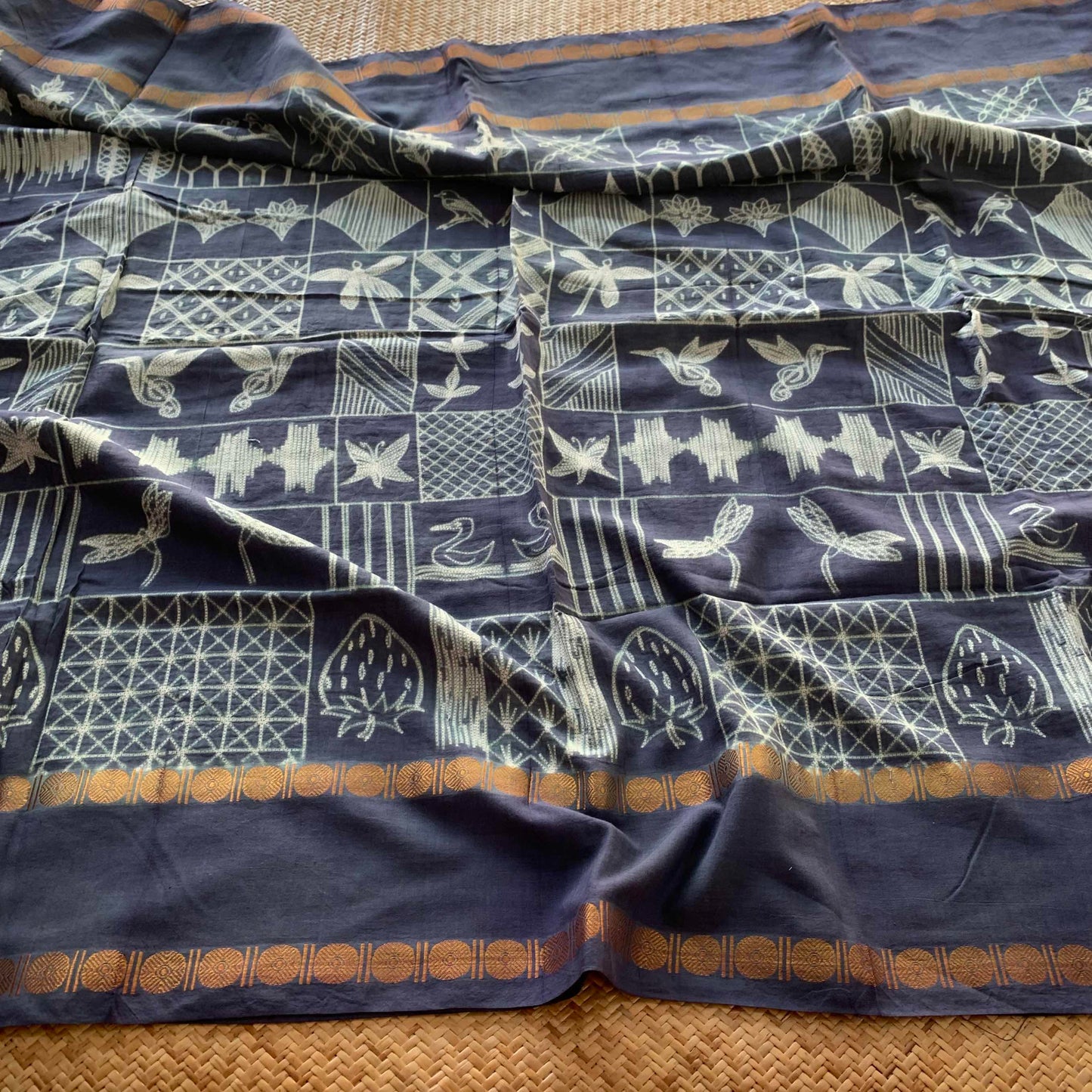 Frames.2- Denim Blue, Hand Crafted Shibori Sungudi Cotton Saree