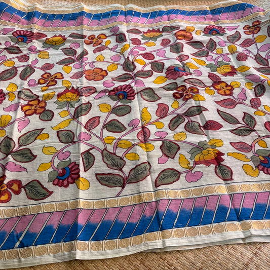 Cream Kalamkari Hand Painted on Cotton Sungudi Saree With Blouse