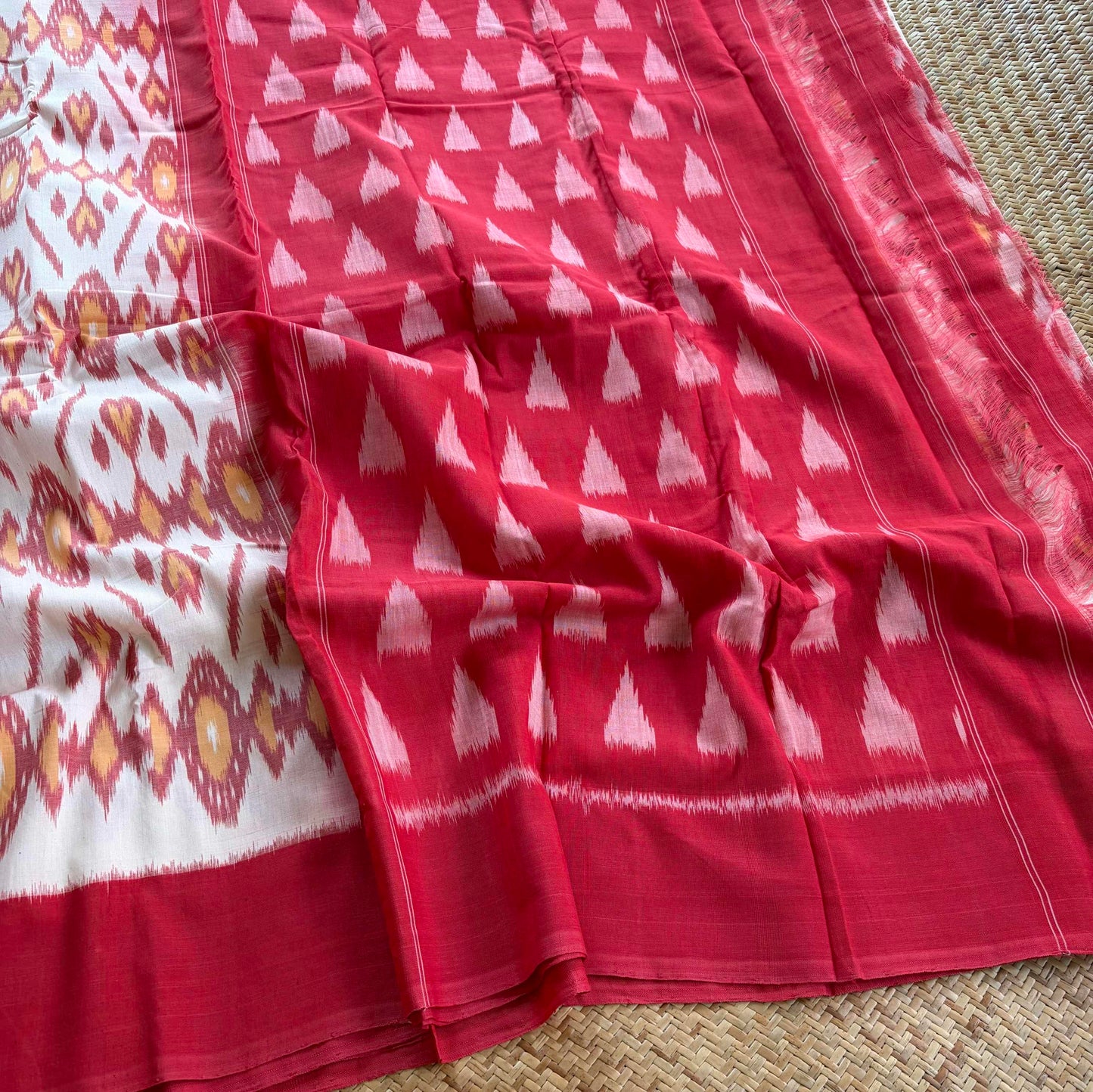 Red, Pochambally Ikkat Hand Woven Cotton Saree