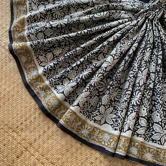 Mul Mul Cotton saree, Hand Block Printed, Black