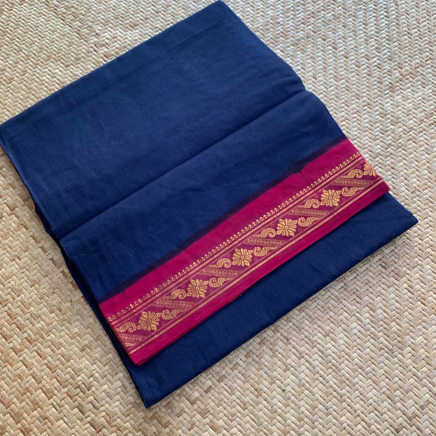 Navy Blue Saree With Pink Half Fine Zari Border, Clamp dyed (Kattu sayam).