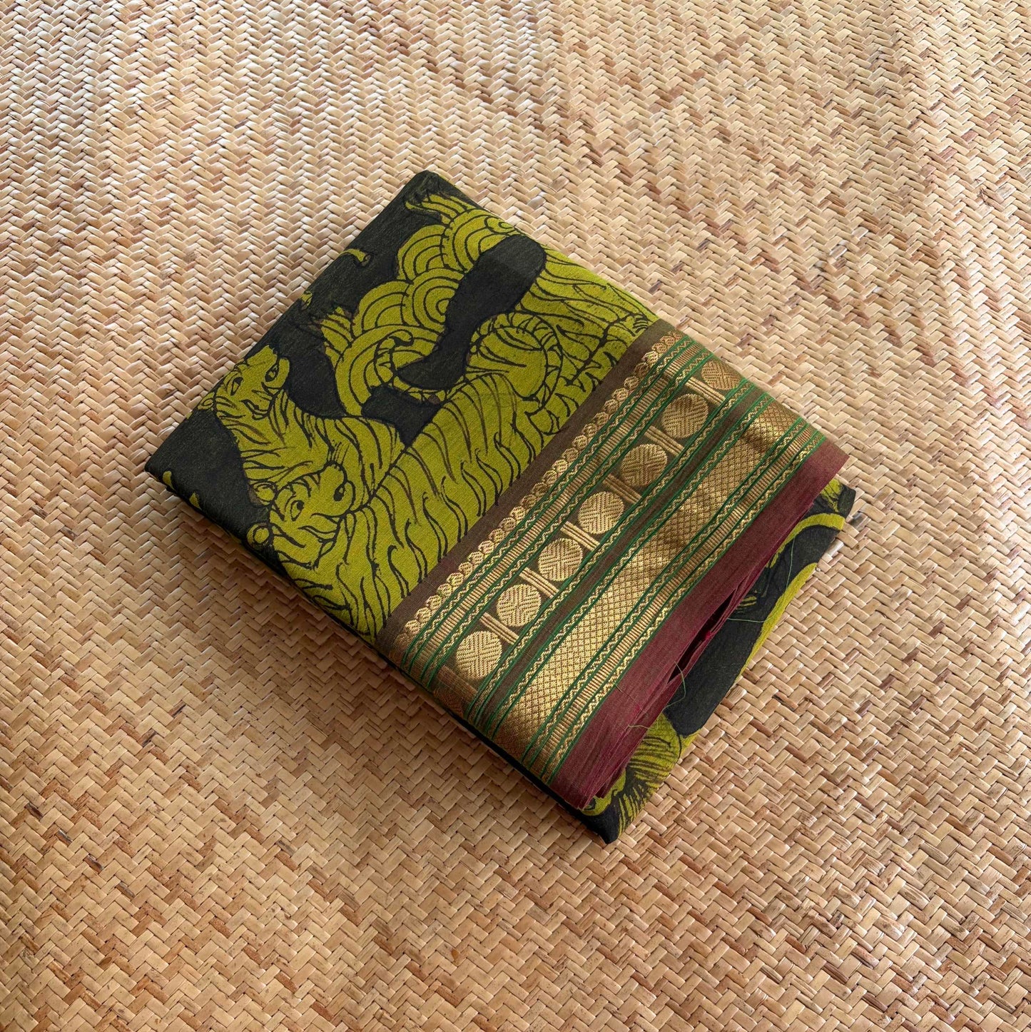 Green Forest Kalamkari Hand Painted on Chettinad Cotton saree