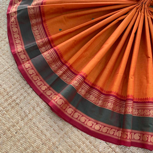 Chettinad Cotton Saree, Orange Saree with Thread Border