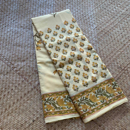 Mul Mul Cotton saree, Hand Block Printed, Pastel Yellow