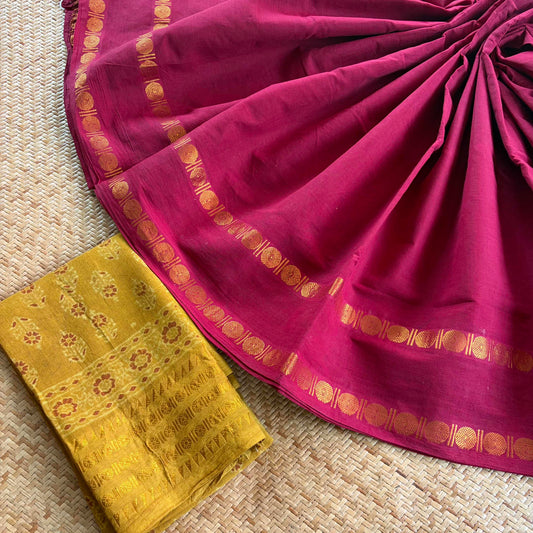 Maroon Saree With Ajrak Blouse , Zari Rudraksham Rettai Pettu Border , Clamp dyed (Kattu sayam)