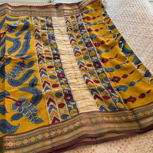 Mustard Kalamkari Hand Painted on Chettinad Cotton saree