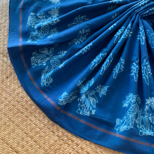 10 Yards.Blue, Hand Crafted Shibori Sungudi Cotton Saree