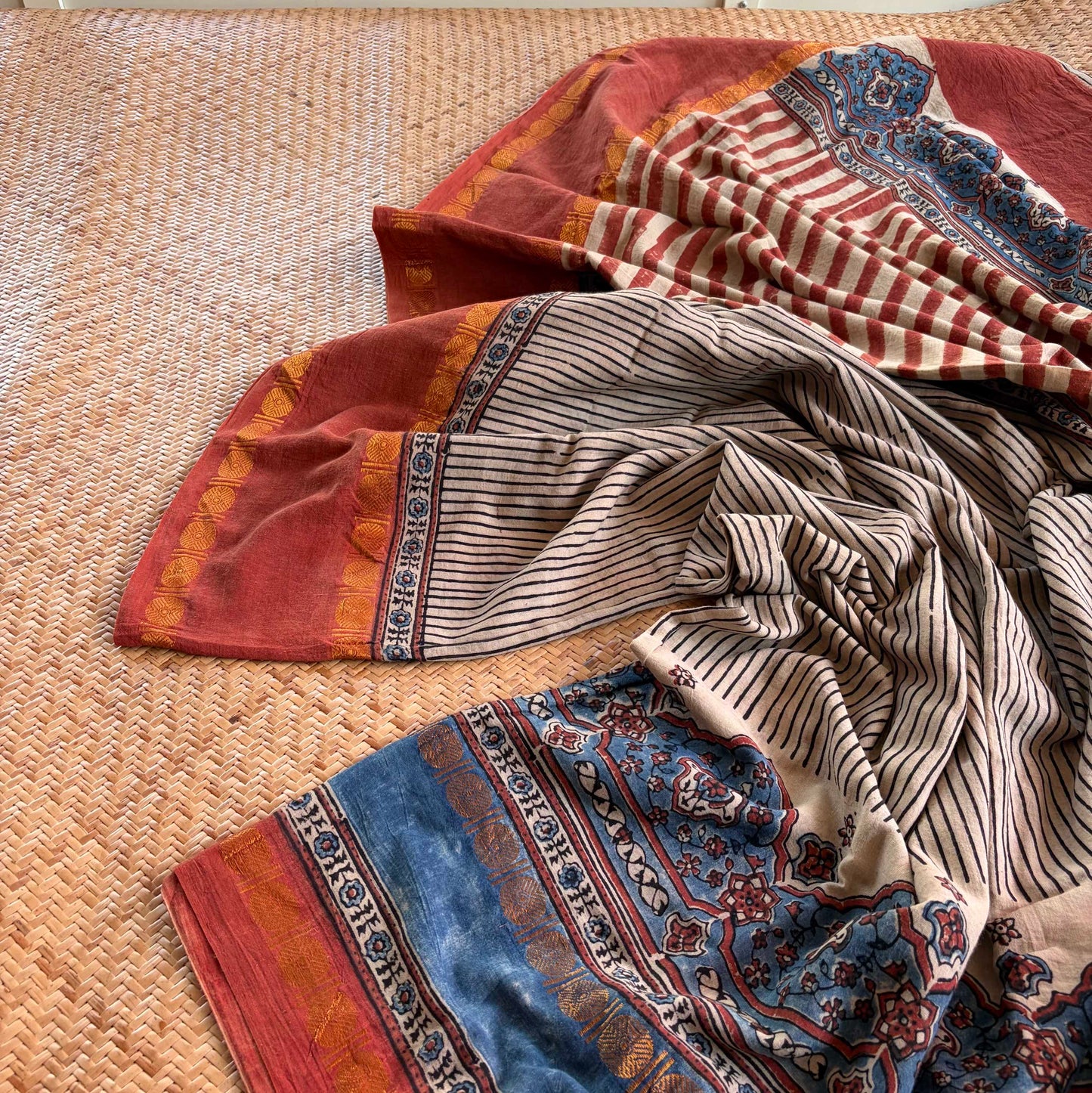 Off White Stripes, Ajrak Hand Block Printed On Madurai Cotton Saree With Zari