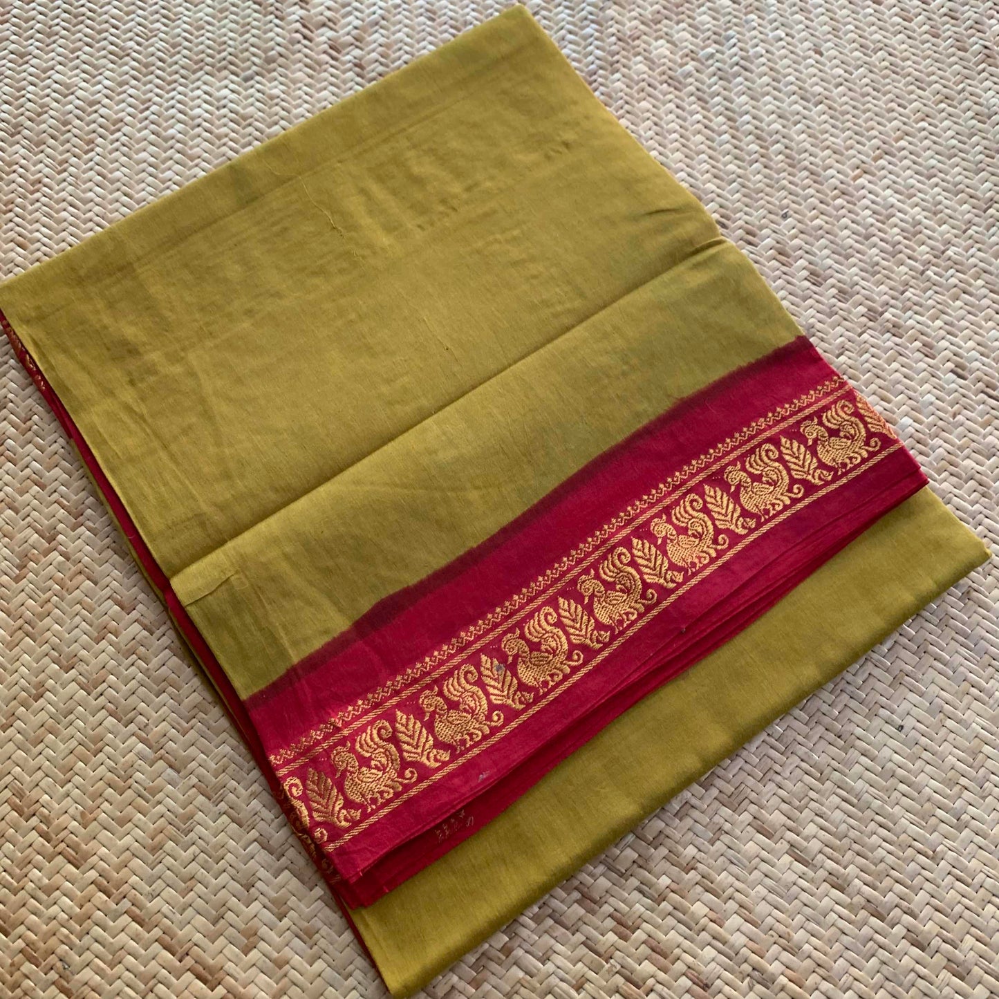 Olive Green Saree With Red Half Fine Zari Border, Clamp dyed (Kattu sayam).