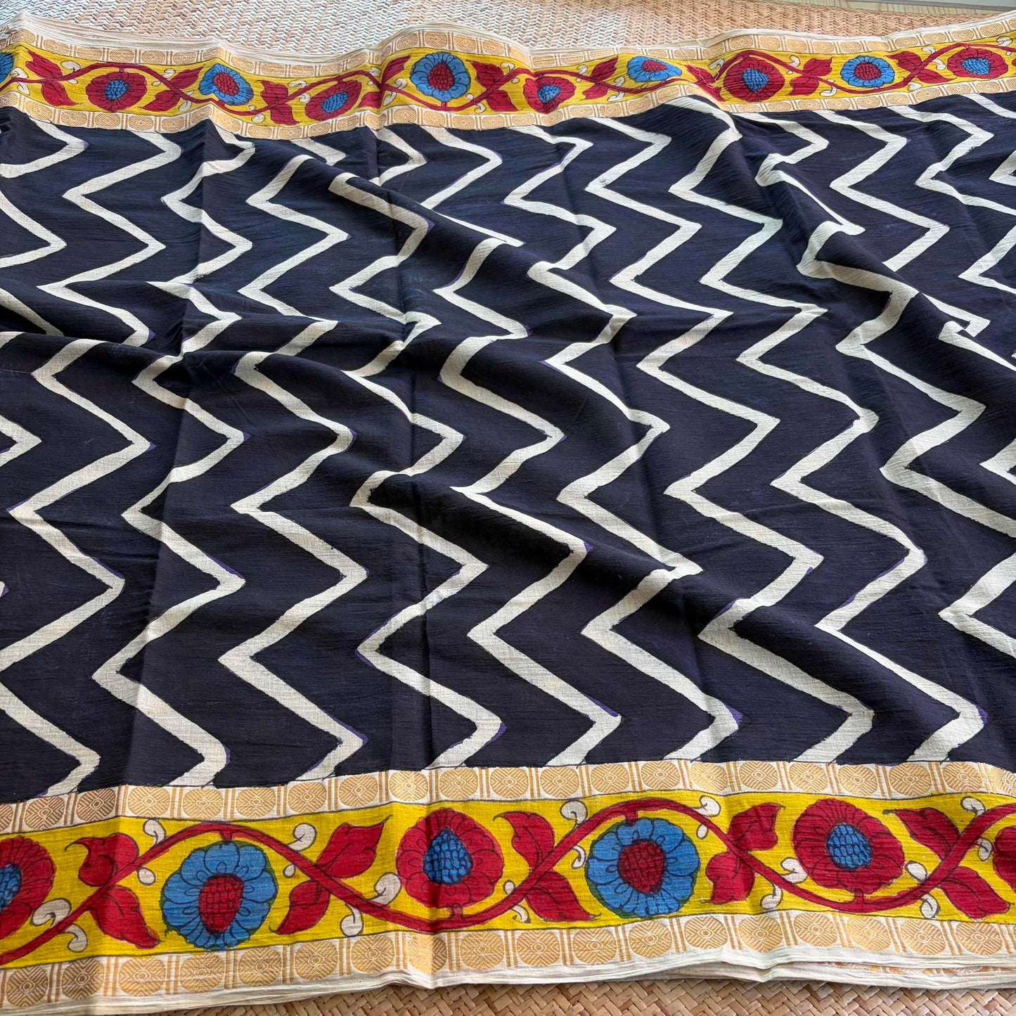 Herringbone Kalamkari Hand Painted on Cotton Sungudi Saree With Blouse
